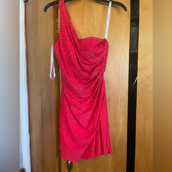 Sherri Hill Red One-Shoulder Dress with Sparkling Accents - Picture 3 of 6
